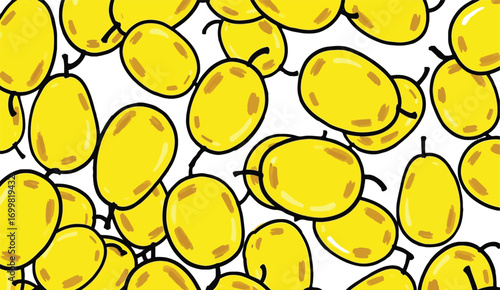 Yellow pears scattered on a white background creating a vibrant fruit pattern.