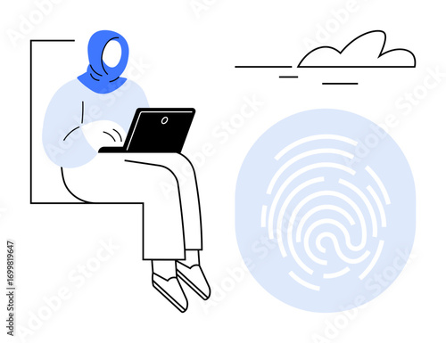 Woman in headscarf using laptop, large fingerprint and cloud element represent digital identity, security, access. Ideal for technology, cybersecurity, remote work, authentication, privacy modern