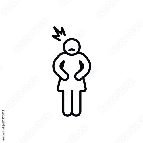 Hungry woman icon. Simple outline style. Poor woman, hunger, stomach, pain, holding, person, abdominal, adult, constipation, sad people concept. Thin line symbol. Isolated design.