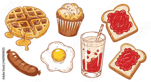 A vibrant hand-drawn illustration showcasing a variety of classic breakfast items, including a waffle, muffin, toast with jam, sausage, fried egg, and a berry drink.