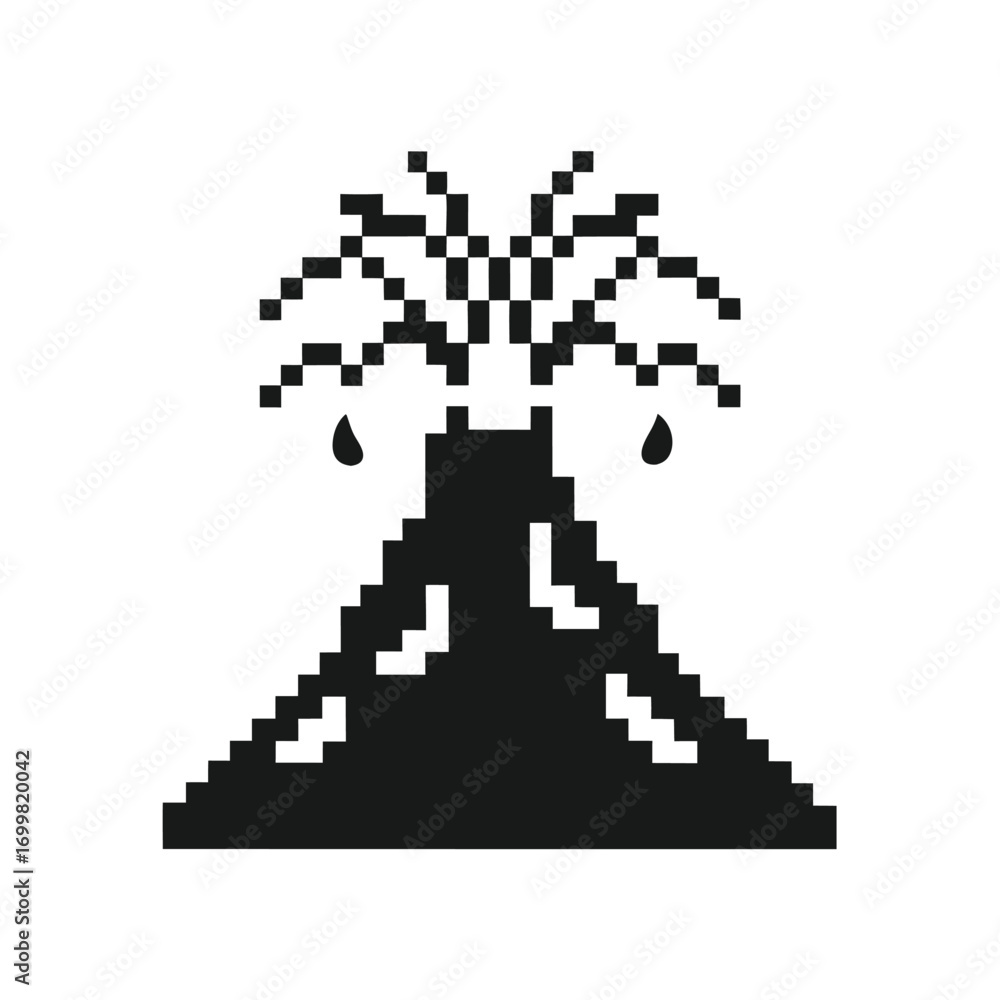 Fototapeta premium Pixelated Volcano Eruption with Lava Droplets on a White Background