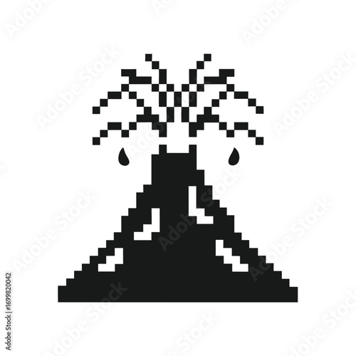 Pixelated Volcano Eruption with Lava Droplets on a White Background