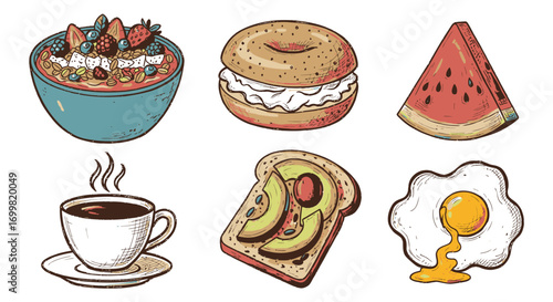 A vibrant collection of delicious breakfast foods including oatmeal, a bagel with cream cheese, watermelon, coffee, avocado toast, and a fried egg.