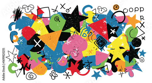 Colorful abstract composition with various shapes, including stars, triangles, and circles, creating a vibrant design.