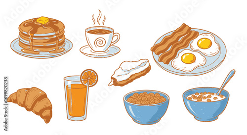 Breakfast food illustration with pancakes, eggs, bacon, cereal, croissant, juice, coffee, and pastry.