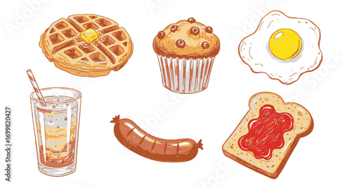A collection of illustrated breakfast food items including a waffle, muffin, fried egg, sausage, toast with jam, and a drink.