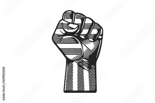 Raised Fist Graphic, Hand Illustration, Black and White, Striped Design