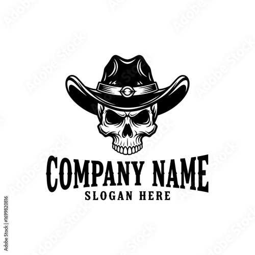Black and white illustration of a menacing skull wearing a classic cowboy hat, designed as a versatile company logo template.