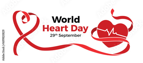World heart day - Text and Long red ribbon sign rolling and waving to heart with heartbeat sign vector design