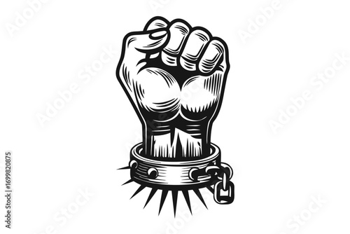 Raised Fist with Spiked Collar in Art on White Background, Symbol of Power