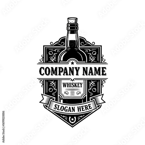 Black and white logo design featuring a whiskey bottle silhouette, ornate frame, banner for slogan, and space for a company name.
