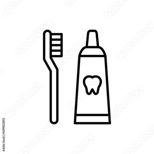 Toothbrush and toothpaste icon. Simple outline style. Toiletries, brush, tooth, paste, hygiene, oral, health, bathroom, dentist care concept. Thin line symbol. Isolated design.