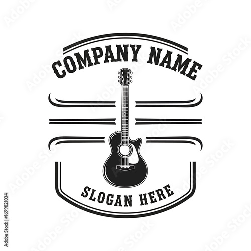 Vintage logo design featuring an acoustic guitar, company name, and slogan space.