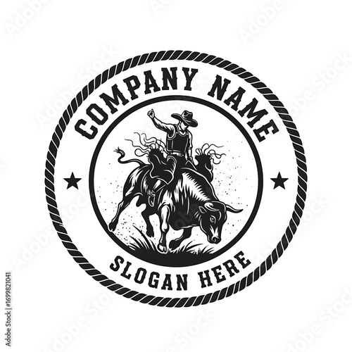 A monochrome logo depicts a cowboy bravely riding a bucking bull, encircled by a rope design and company details.