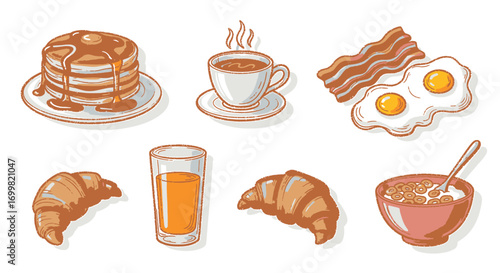 A collection of classic breakfast food items including pancakes, coffee, bacon, eggs, croissants, orange juice, and cereal, in a hand-drawn sketch style.