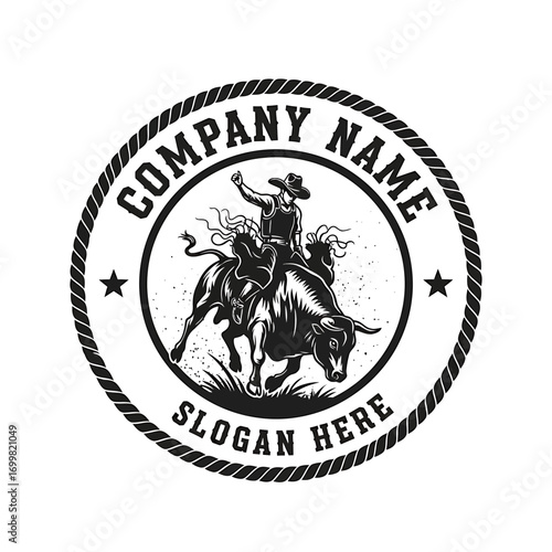 Rodeo rider on a bucking bull, arm raised in victory, within a rope-bordered circular logo design with space for company name and slogan.