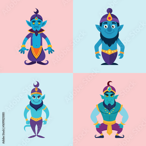 Playful Blue Genie Characters: Cartoon Style, Vibrant Colors, Fantasy Theme, Diverse Poses.