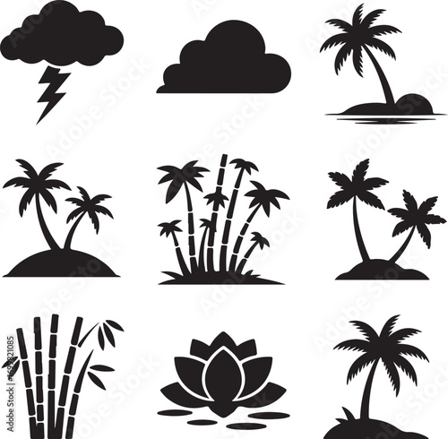 Collection of tropical nature and weather silhouette icons Keywords: cloud, lightning, storm, palm
