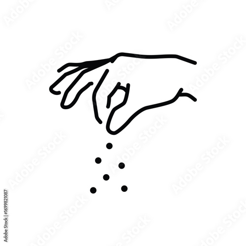 Sprinkling hand gesture icon. Simple outline style. Condiment, salt, sugar, spice, seasoning, pinch, pick, chef, sprinkle, pepper, food concept. Thin line symbol. Isolated design.