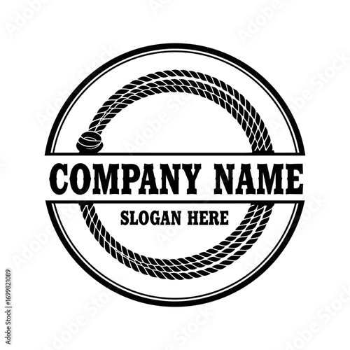 Circular emblem featuring a coiled rope with a loop and a small knot, enclosing text placeholders for "COMPANY NAME" and "SLOGAN HERE" within a bold border.