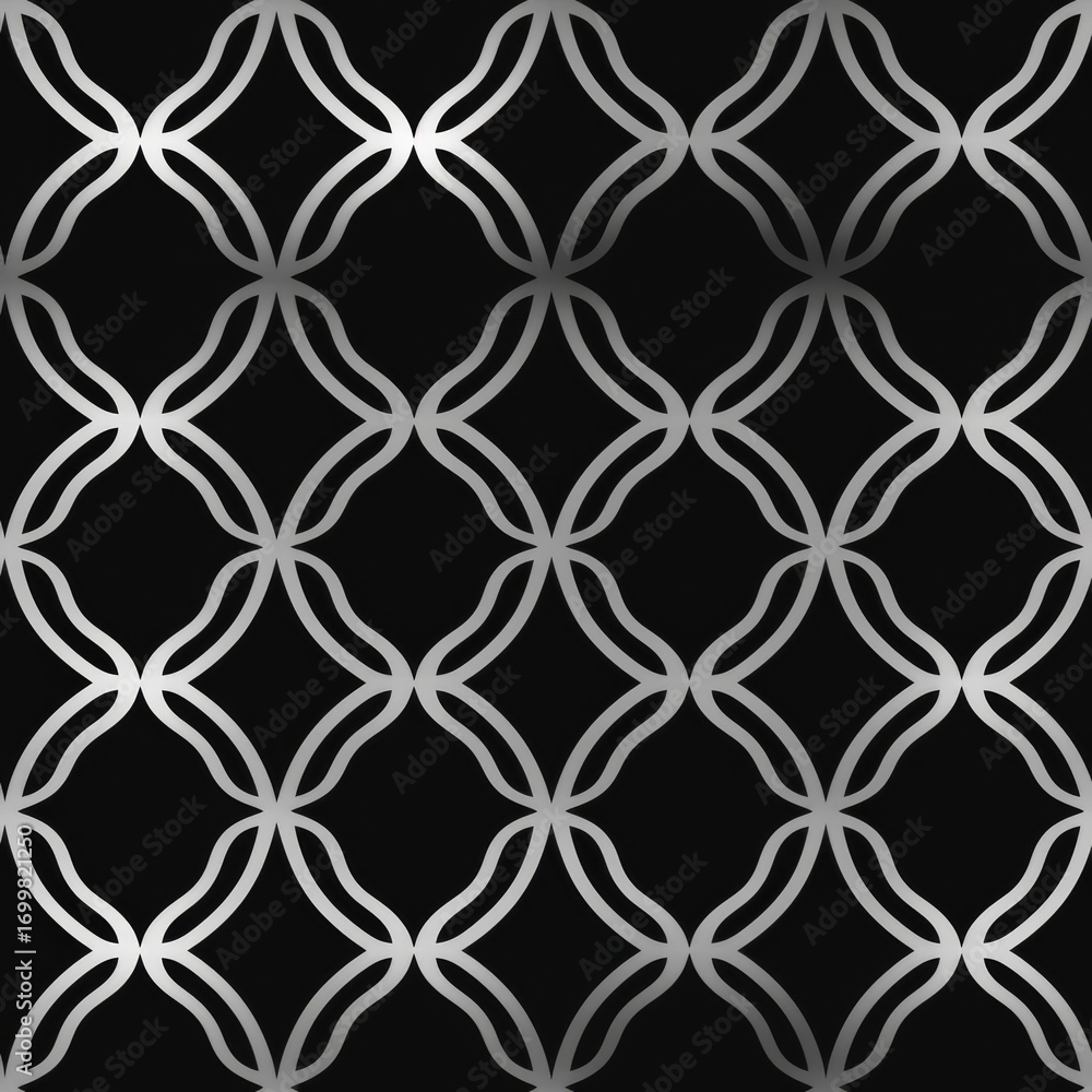 Fototapeta premium An elegant black and silver geometric repeat pattern with interlocking curves forming diamond shapes,