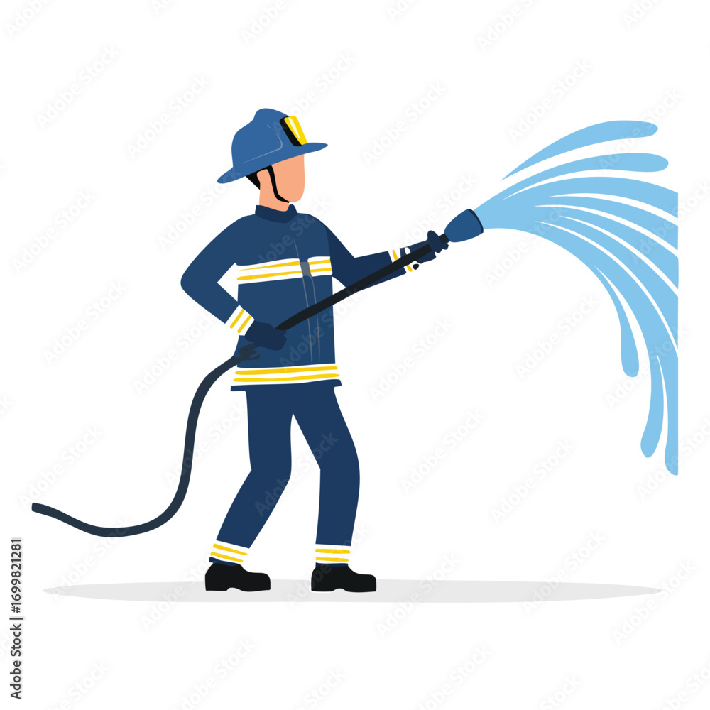 Fototapeta premium Firefighter in uniform spraying water from a hose, extinguishing a fire.