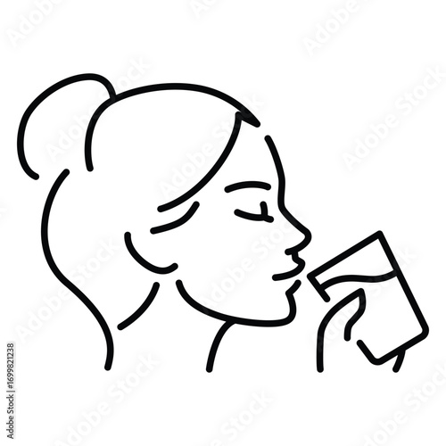 Woman drinking a glass of water icon. Simple outline style. Drink, mouth, face, person, girl, people, hand, skin, thirst, perfect, thirsty concept. Thin line symbol. Isolated design.