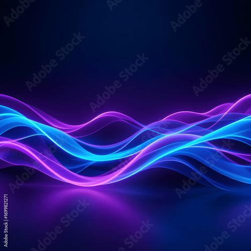 Wallpaper Mural Abstract 3D digital background featuring glowing neon waves in blue and purple, layered over a dark gradient surface with smooth reflections Torontodigital.ca