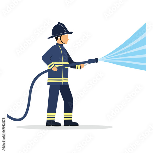 Firefighter in uniform holding a hose and spraying water.