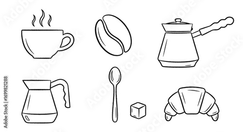 Coffee and breakfast icons: cup, bean, pot, spoon, sugar, croissant.