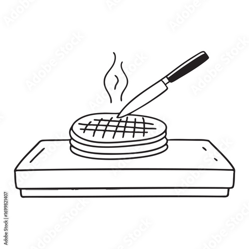 An illustration of waffle on a kitchen counter with a butter knife
