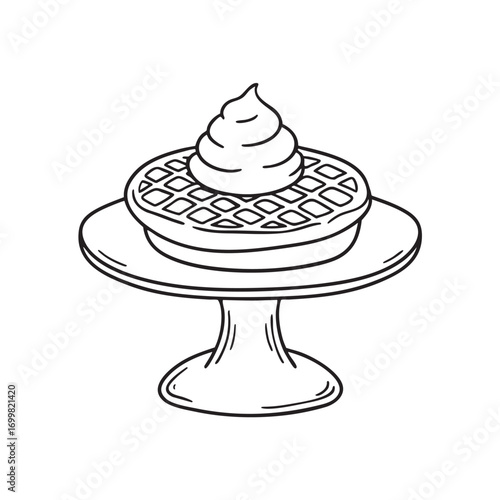 An illustration of waffle on a dessert stand with whipped cream bowl