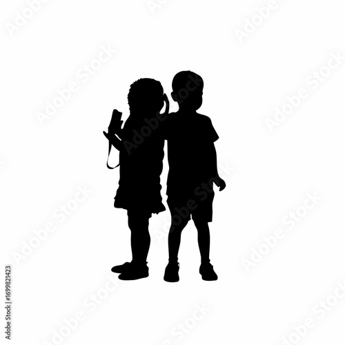 Silhouette of siblings sharing headphones listening to music isolated on white background