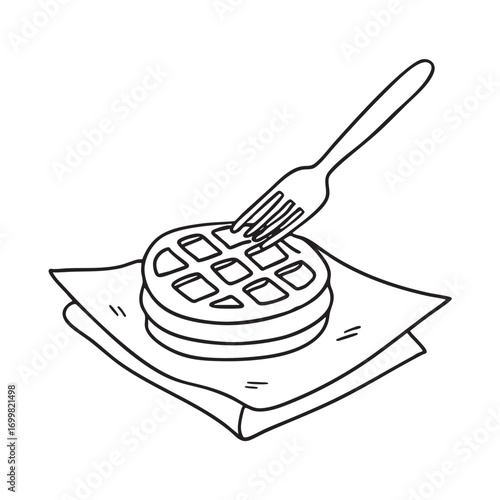 An illustration of waffle on a paper napkin with a fork