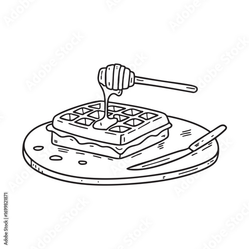 An illustration of waffle on a wooden cutting board with honey dipper