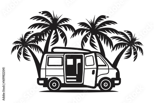 Retro Style Van Design with Palm Trees on White Background