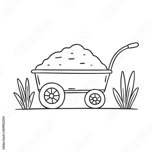 An illustration of wagon in a garden with a pile of soil