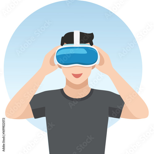 A person wearing virtual reality goggles, experiencing a digital simulation, smiling.