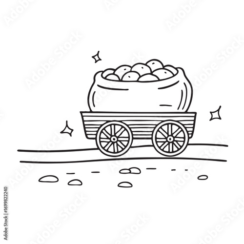 An illustration of wagon on a dirt path with a sack of potatoes