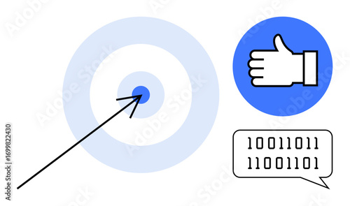 Arrow striking bullseye in bank target, thumbs-up in blue circle, binary code speech bubble. Ideal for marketing, data analysis, digital success, precision, feedback, efficiency simple landing page