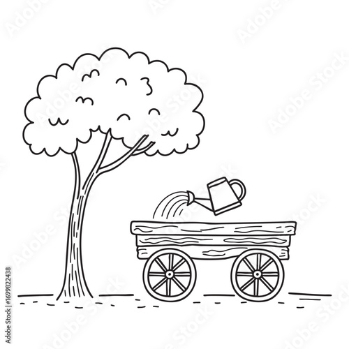 An illustration of wagon under a tree with a watering can