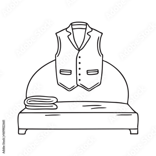 An illustration of waistcoat on a bed with a pair of trousers