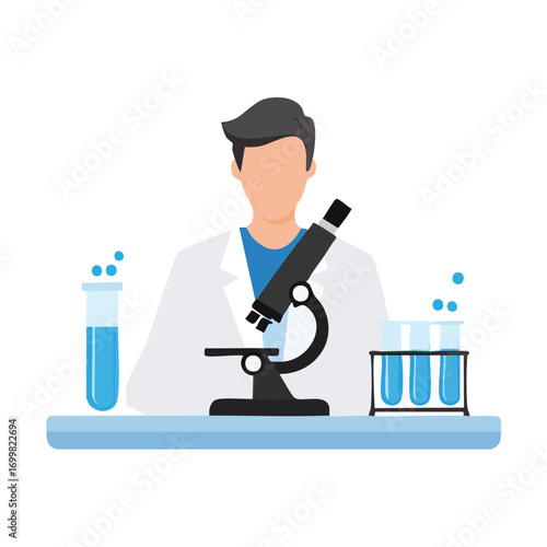 A scientist in a lab coat, focused on a microscope and test tubes, conducting experiments.