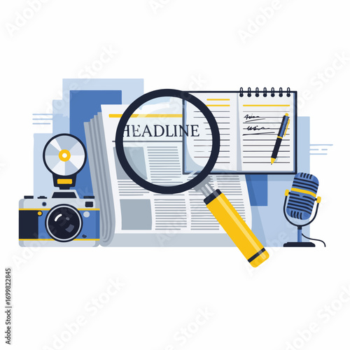 A magnifying glass hovers over a newspaper with the headline 'HEADLINE' as a camera and microphone suggest a journalistic theme.