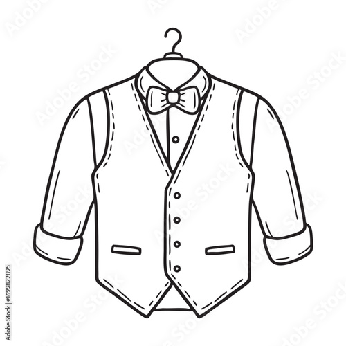 An illustration of waistcoat on a rack with a bow tie