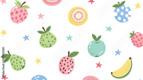 Colorful fruit pattern with various fruits and stars on white background.