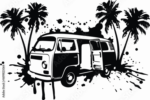 Retro Van with Palm Trees, Open Door, Black and White Isolated on White Background