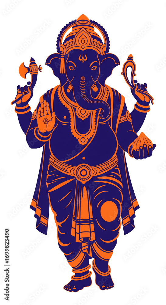 Fototapeta premium PNG cut out isolated background. A bold, two-color graphic illustration of the Hindu deity Lord Ganesha in a dynamic dancing pose (Nritya Ganapati). 