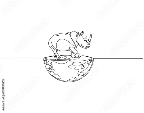 Continuous one line drawing of rhinoceros on top of globe. One line drawing illustration of rhino on globe. Protected animals concept single line. Editable outline