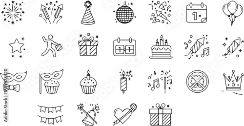Festive celebration icons for birthdays, new year's eve, and special occasions enhance your designs with hand-drawn charm and add a touch of whimsy
